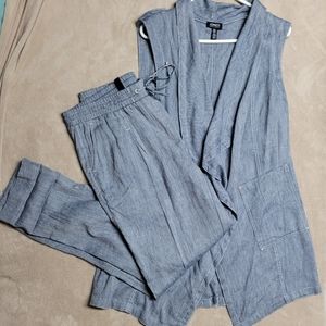 Jones New York Linen Blend Chambray Color Drape Vest & Pants Set